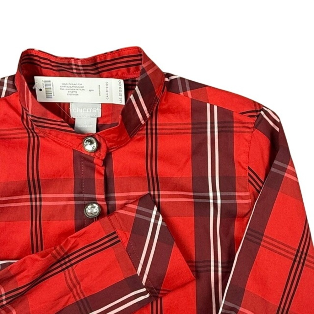 Chico's Novelty Plaid Top Crystal Button Shirt Red Woven Band Collar 1 M